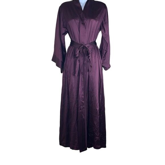 Josie Natori Womens XS 100% Silk Long Robe Burgundy Rich Wine Self Tie Waist - Picture 1 of 7
